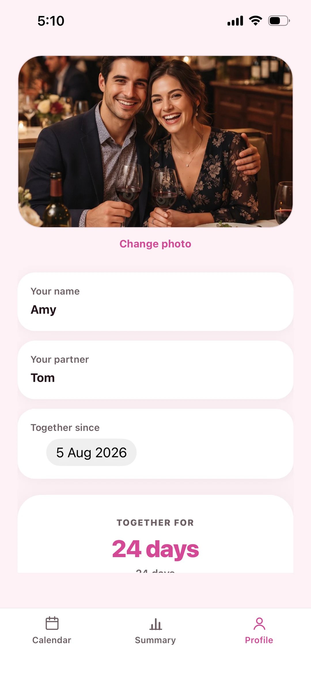 Couple screen with the couple photo across the top and the date they became a couple.