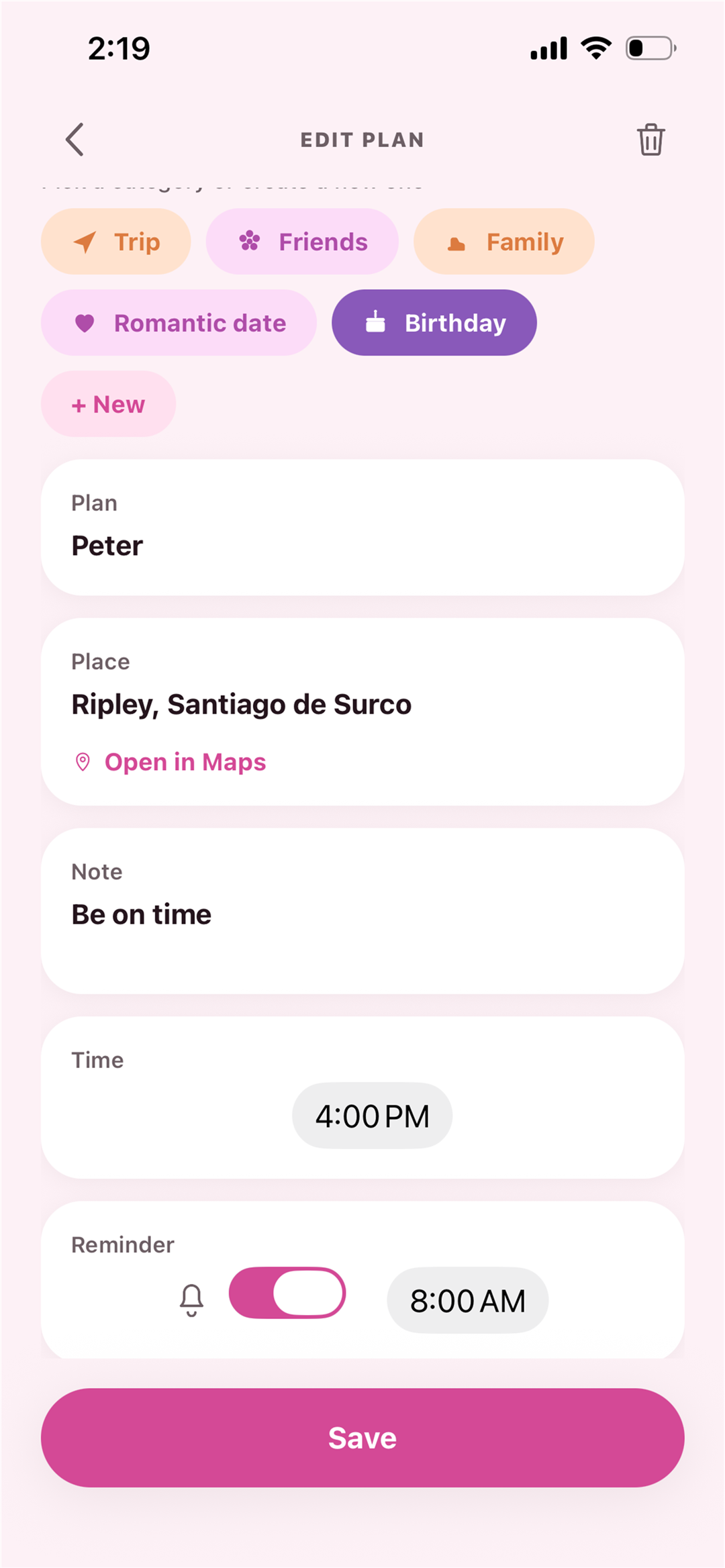 Plan detail with its place and the button to open it in Maps.
