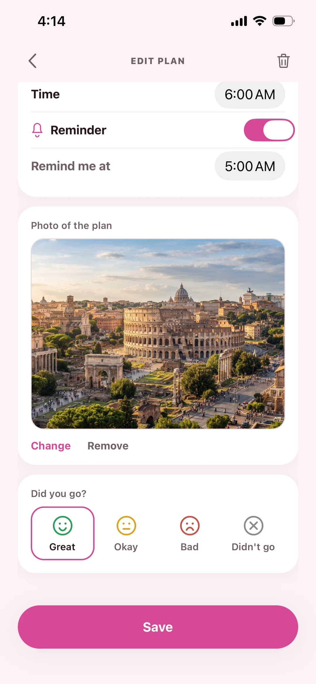A plan with its photo, the reminder time and the question asking how it went.