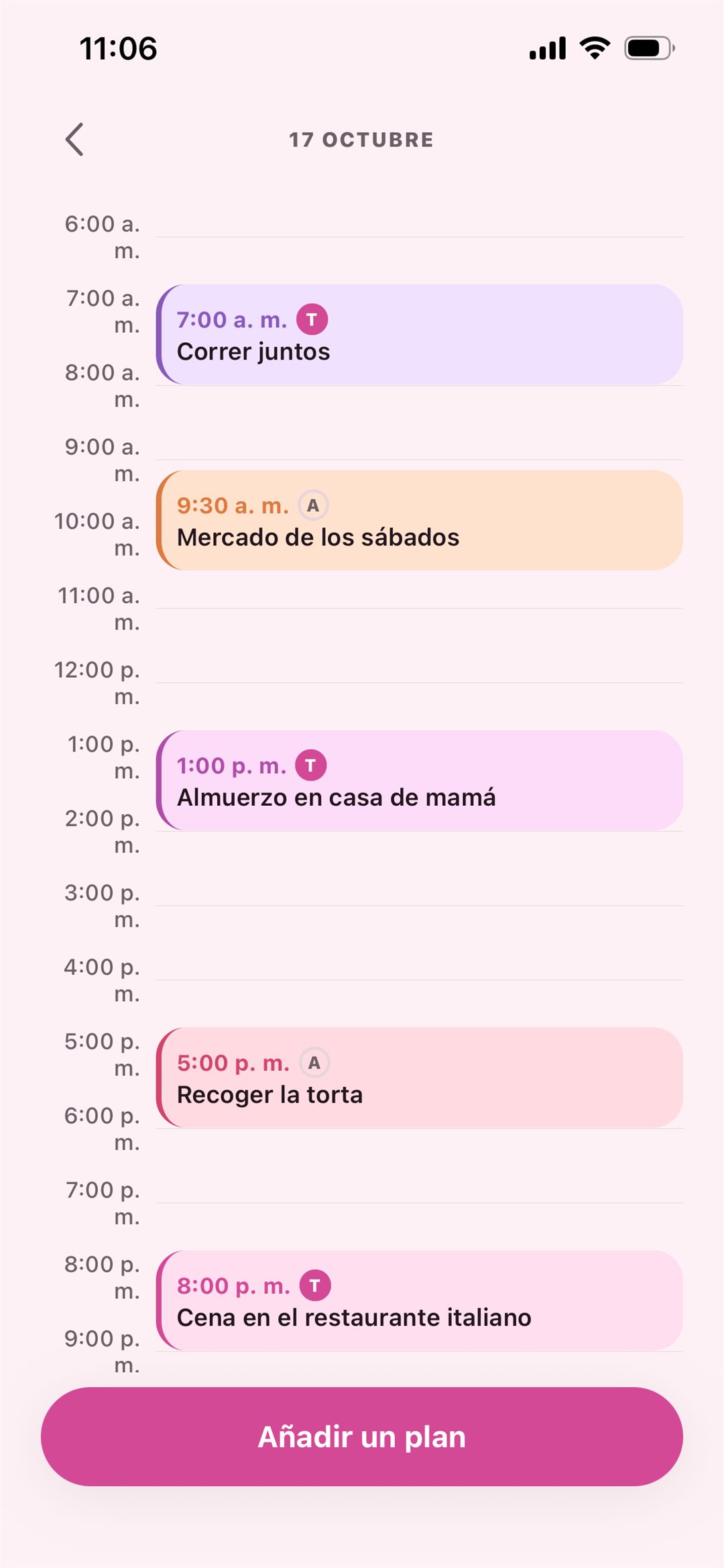 La vista de un día con sus planes ordenados por hora, la inicial de quién puso cada uno y el botón para añadir otro.