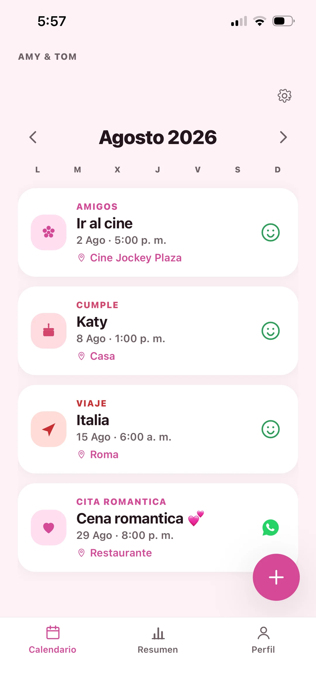 Lista de planes compartidos entre los dos teléfonos.