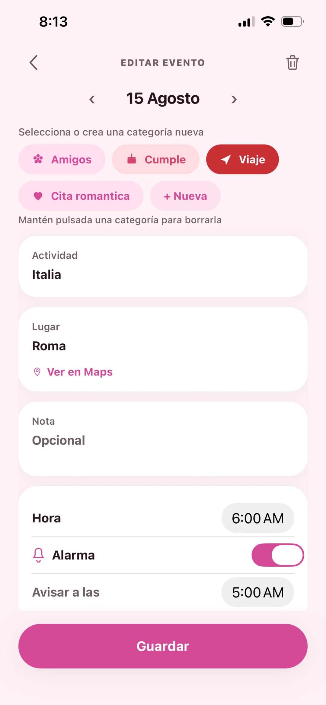 Detalle de un plan con su lugar y el botón para abrirlo en Maps.
