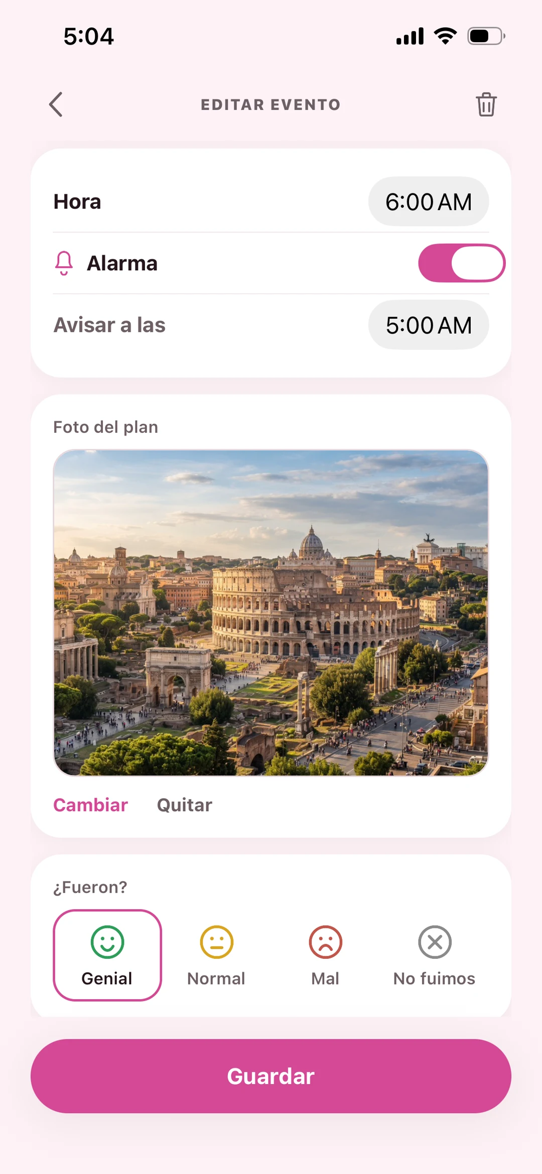 Un plan con su foto, la hora del recordatorio y la pregunta de cómo fue.