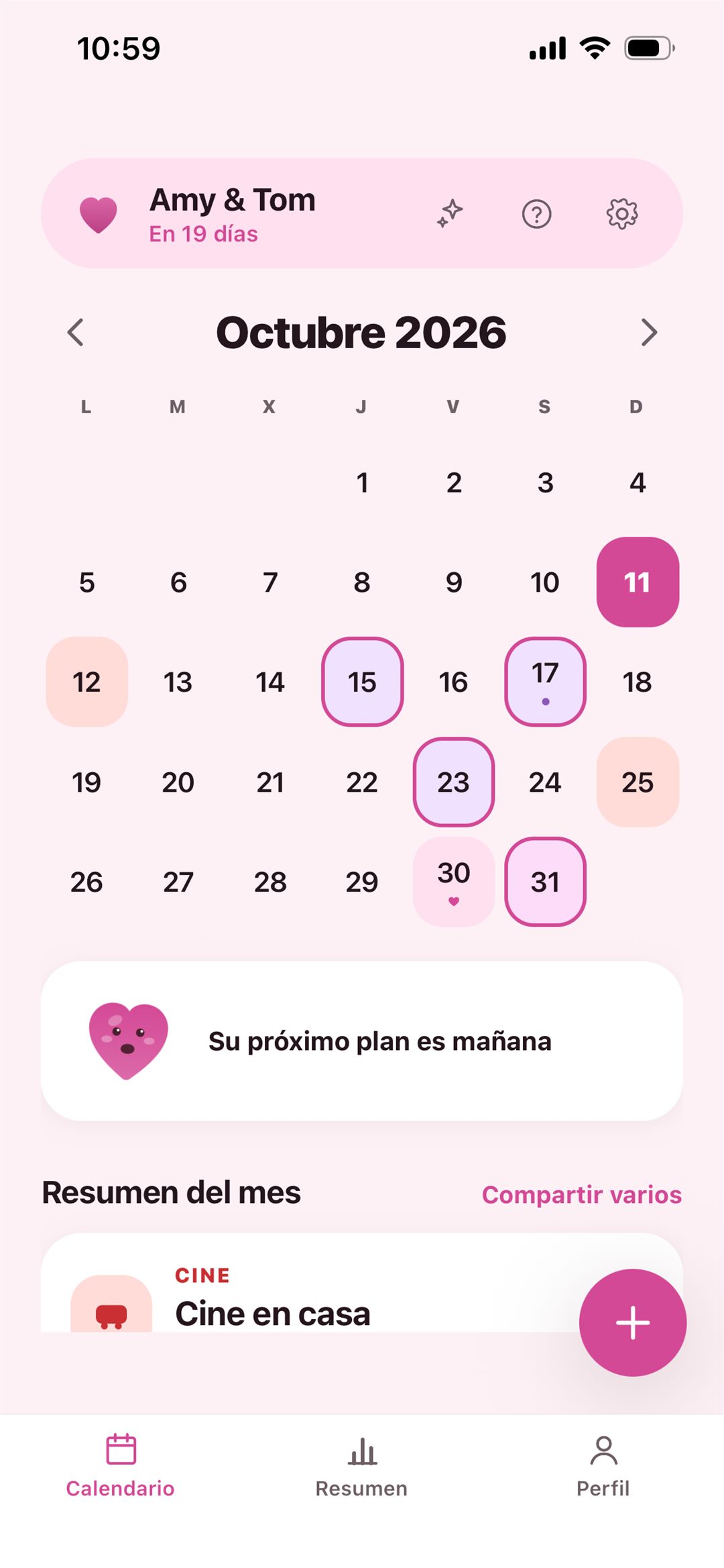 El calendario de Plandario con los días de plan marcados y el tiempo que llevan juntos arriba.